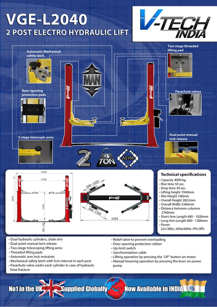 VGE L2040 2 Post Electro Hydraulic Lift